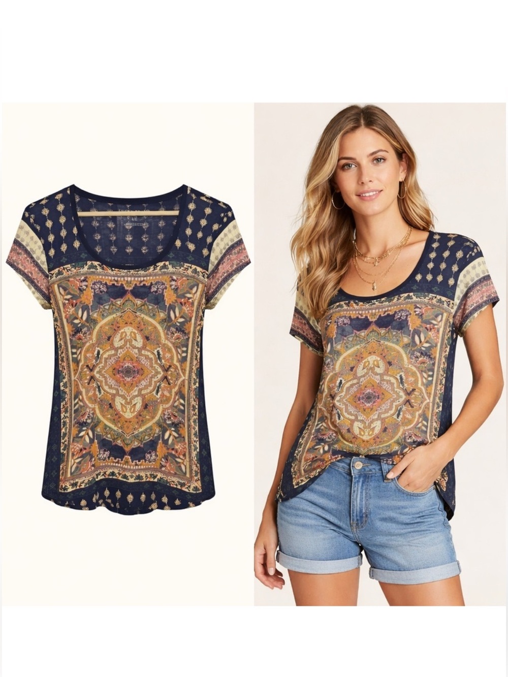 Lucky Brand Navy Multicolor Medallion Short Sleeve Top size XL